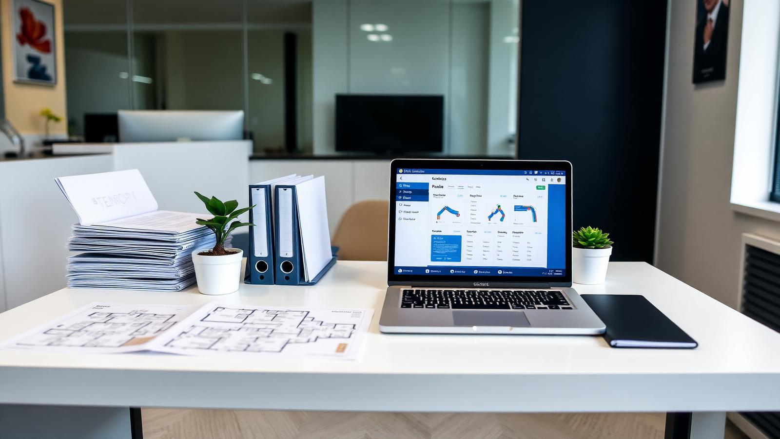 Mesa de escritório imobiliário com laptop exibindo dashboard, pastas e plantas baixas.