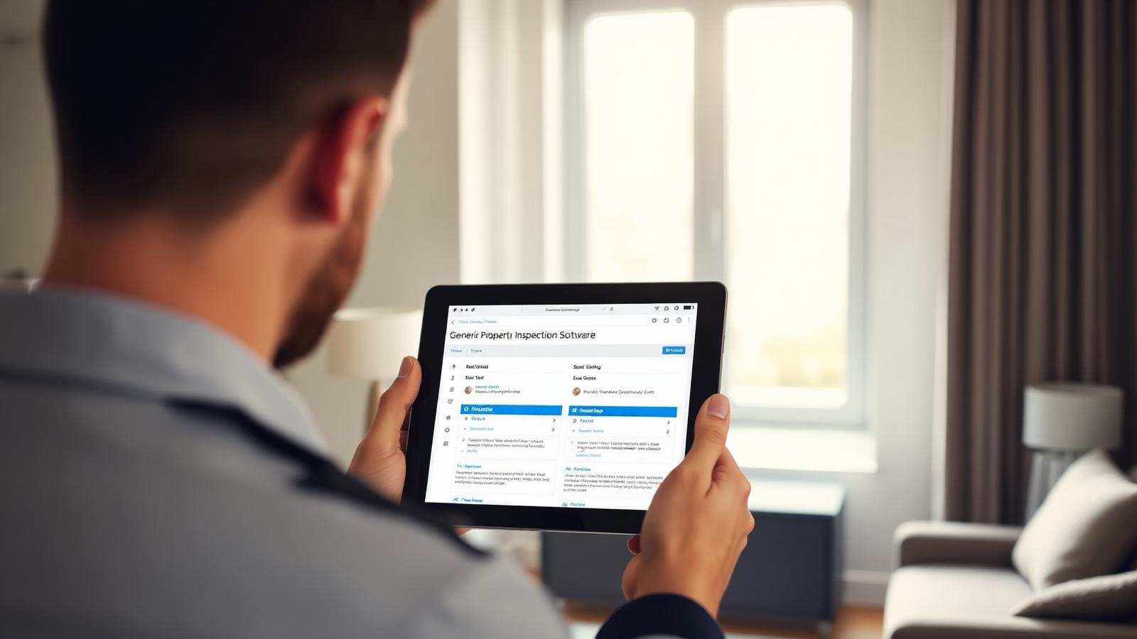 Vistoriador segurando tablet com interface de software de vistoria dentro de apartamento.