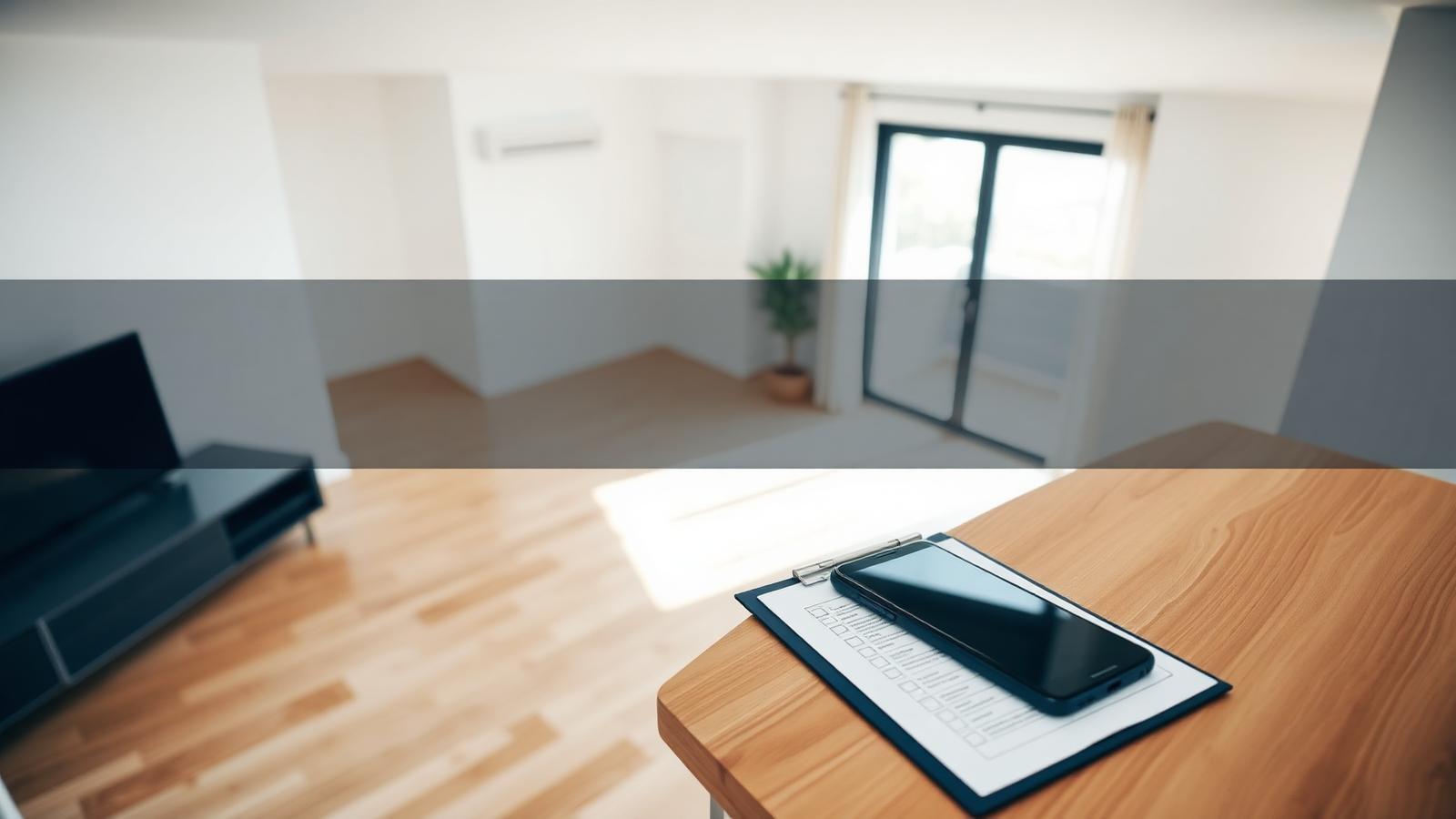 Sala vazia de apartamento durante vistoria, com prancheta de checklist sobre a mesa.